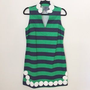 Sail To Sable Navy and Green Striped Sleeveless Shift Dress with White Trim